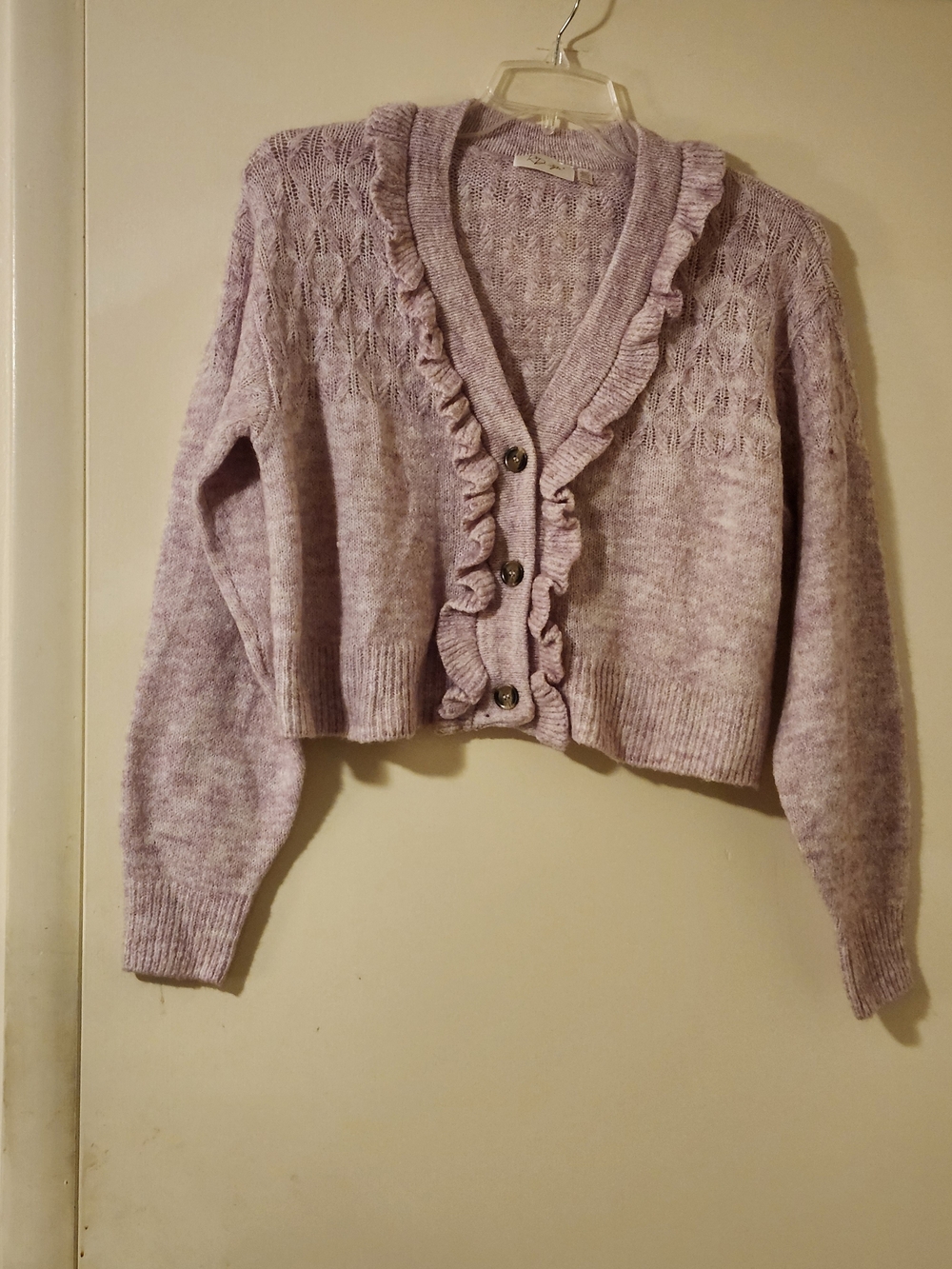 RD Style Preppy Lavender Ruffle V‑Neck Cropped Cardigan L